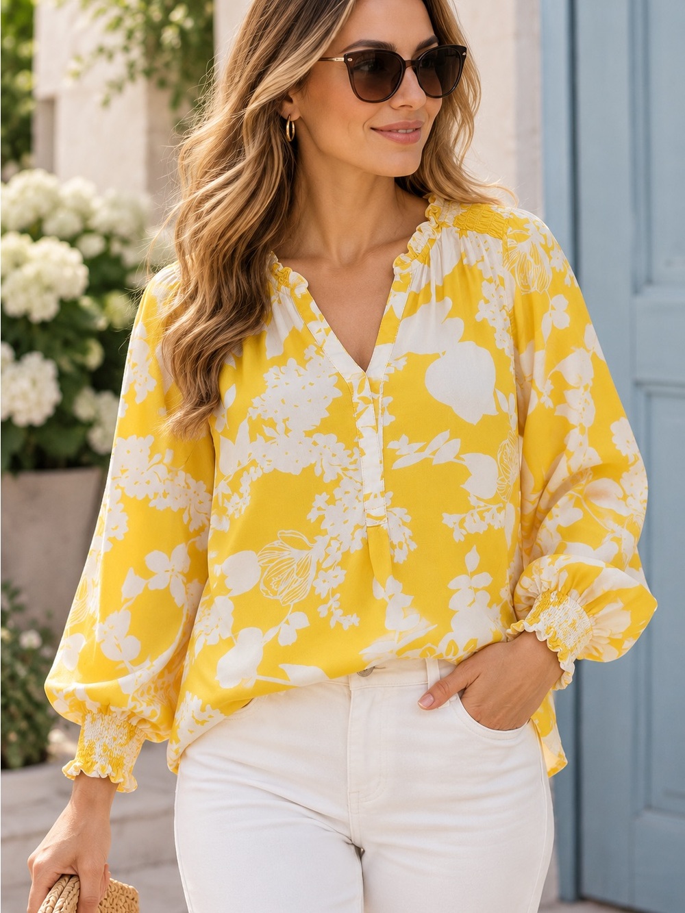 Talbots Yellow and White Floral V-Neck Puff Sleeve Blouse